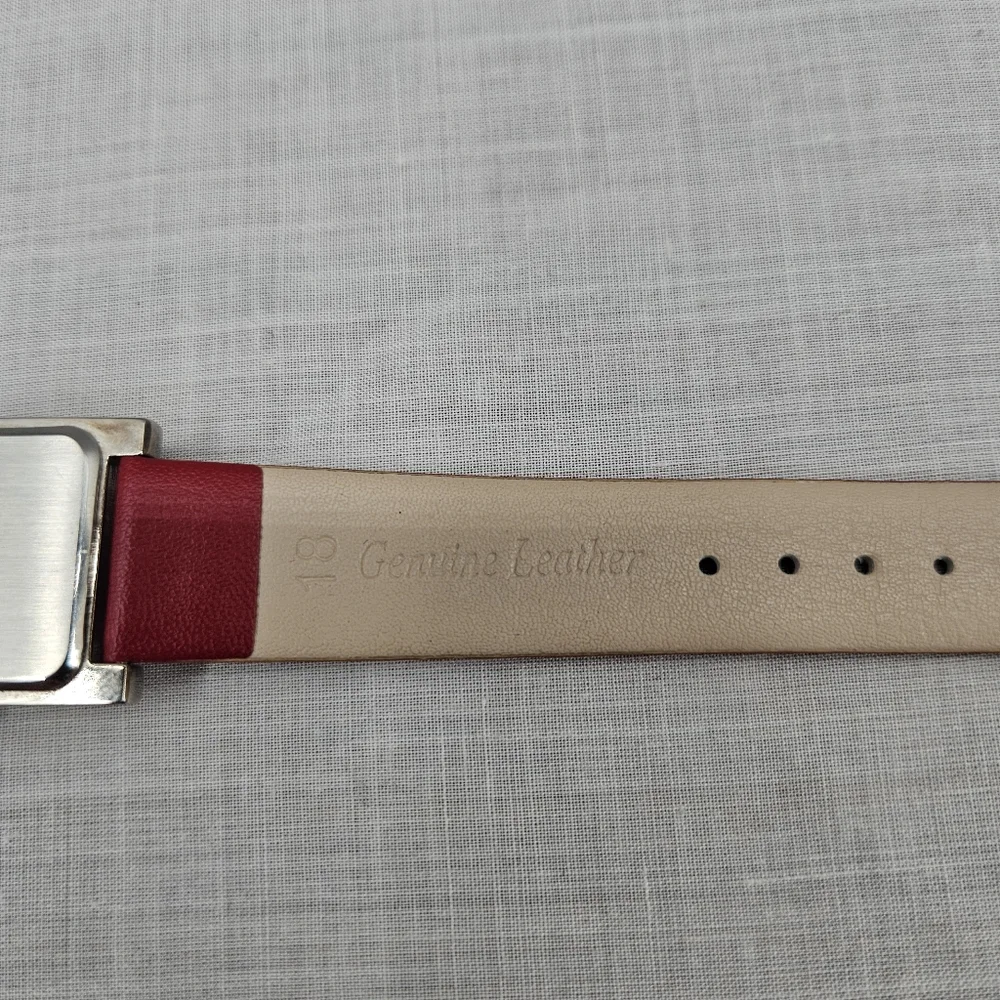 Nine‎ West Womens Watch Red Leather Strap Silver Rectangular Dial Needs Battery